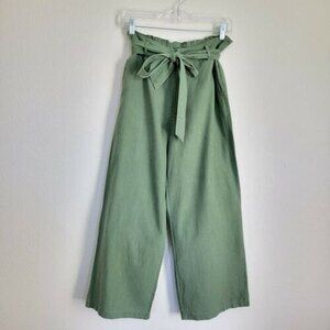 LOVE TREE Wide Leg Green Linen Pants Size Small high-rise belted Straight Pants